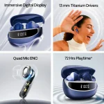 Number Navo Buds Z1 w/ Digital Display, 72H Playtime, 4Mic ENC, Dual Pairing, Hi-Bass Bluetooth Headset (Winter Blue, True Wireless) - Image 2